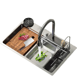飞雨瀑布水槽大单槽厨房洗菜盆304不锈钢洗碗池家用洗碗槽台下盆