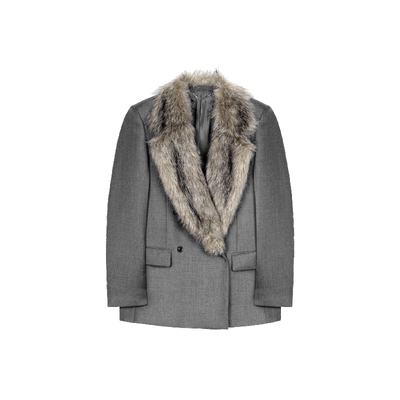 Unawares.可拆卸不规则毛领双排扣羊毛混纺毛呢西装