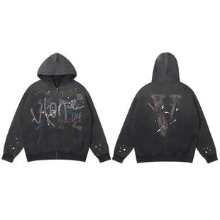 VLONE 新款拉链连帽卫衣美式街头男女同款帽衫手绘涂鸦外套潮牌