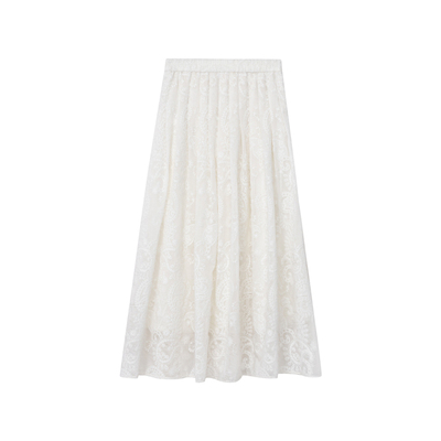 CAREMIND压褶蕾丝刺绣白色半身裙