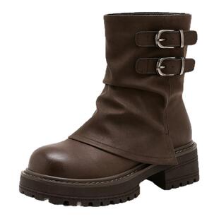 千百度美拉德棕色堆堆短靴子女2025冬季新款裤管靴厚底马丁靴女款