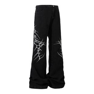 BTSG复古洗水荆棘刺绣微喇牛仔裤黑色美式嘻哈街头VIBE宽松长裤男