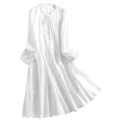 花边领白色纯棉a字裙长袖连衣裙