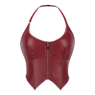 欧美机车制服新款PU皮挂脖拉链女士抹胸托胸塑身上衣corset无袖