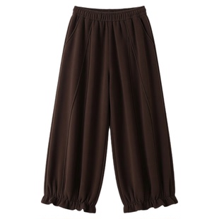 咖色日系木耳边花苞灯笼裤女冬季新款加绒宽松减龄阔腿休闲九分裤