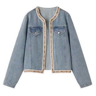 德玛纳气质织带装饰牛仔外套女26春季新款圆领短款小个子夹克上衣