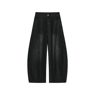 黑色复古水洗日系弯刀牛仔裤男生2025新款秋季休闲宽松阔腿长裤子