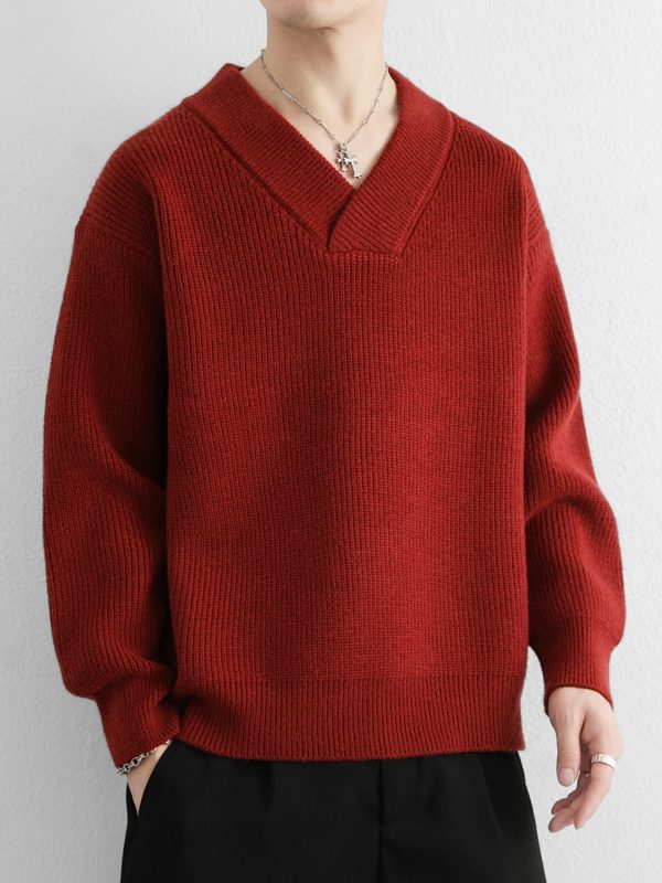 大红色v领毛衣男士秋冬季2025新款美式宽松慵懒风加厚打底针织衫