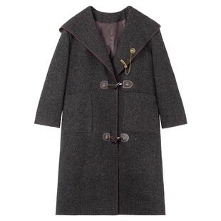 KEIKO 高级感人字纹连帽羊毛呢大衣冬季复古牛角扣加厚斗篷外套