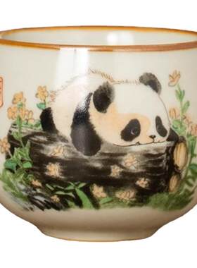 陶瓷汝窑熊猫圆鼎杯家用茶杯定制