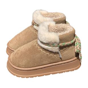 户外时尚防滑保暖加绒中筒棉靴复古女士高级感冬季创意拼色雪地靴