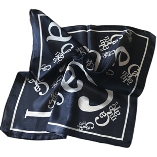 包邮外贸超薄真丝小方巾 藏蓝字母洋纺纱丝巾