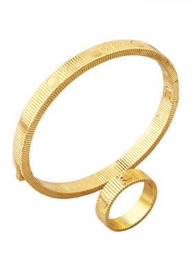 白金色轻奢条纹手镯情侣对戒套装