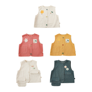 幼悠男童卡通刺绣印花叠穿纽扣外穿马甲2026新款儿童休闲帅气上衣