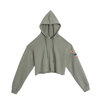 欧洲站新款绿色短款套头连帽卫衣女肩章棉质学生舞蹈宽松上衣潮酷