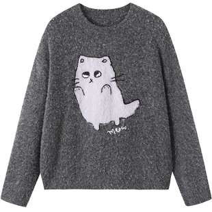 URLAZH有兰冬季新款复古灰萌趣甜酷圆领羊绒套头针织毛衣女上衣