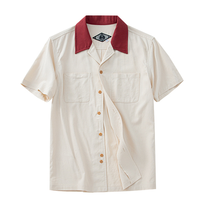 SOARIN复古英伦风古巴领短袖衬衫男 拼接亚麻休闲双口袋中袖衬衣