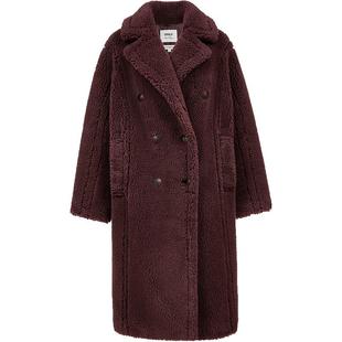 ONLY2025冬季新款双排扣宽松翻领纯色长款仿泰迪熊毛呢大衣外套女