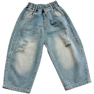软绵绵~男童春季洋气破洞牛仔裤2026新款儿童清爽百搭浅蓝色裤子
