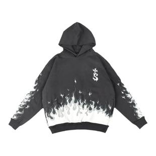 秋冬新款火焰印花连帽加绒卫衣男女休闲宽松套头帽衫潮流