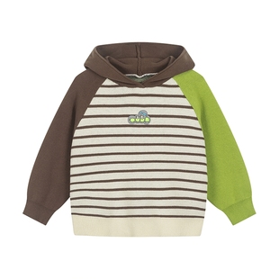 马拉丁儿童毛衣25冬装新款男童小童毛巾织撞色插肩袖连帽毛衣