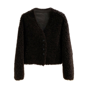 韩系慵懒感 V领100%绵羊毛冬季羊剪绒皮毛一体皮草上衣毛毛外套女