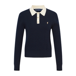 POLOWALK女式长袖针织衫2026春季新品绞花撞色打底衫休闲毛衣女款