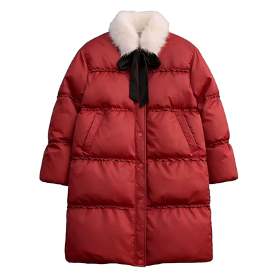 红色中长款毛领羽绒服女冬季