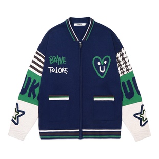 全伊伦同款GUUKA爱心提花毛衣外套宽松 潮牌宝蓝拼色开衫男针织衫