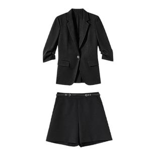 朗姿25防晒薄款黑色西装气质七分袖夏新款通勤西服外套/短裤套装