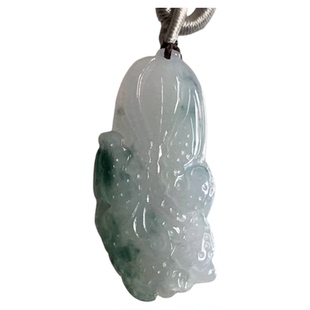 缅甸玉缅甸天然A货翡翠吊坠起胶白底蓝绿色飘花白菜挂件一物一证