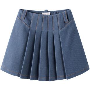 吴佳烨同款8ON8拉伸俱乐部秋冬牛仔科技纱小个子短款百褶半身裙女