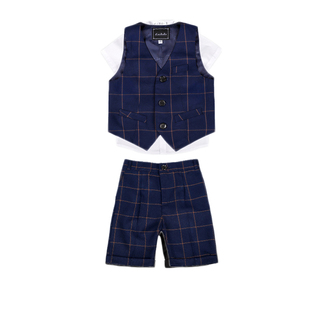 男童西装礼服大码主持人唱歌演出服青少年短袖马甲西服胖童装夏季