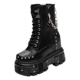 震地王女内增高马丁靴12cm英伦潮酷铆钉高跟真皮厚底秋冬中筒靴子