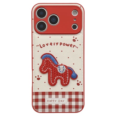 jze新年ins红格纹刺绣小马带挂绳适用苹果17ProMax手机壳iphone15新款16pro女款13皮质15pro全包防摔保护套14