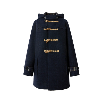 Uena藏蓝色连帽夹棉毛呢外套