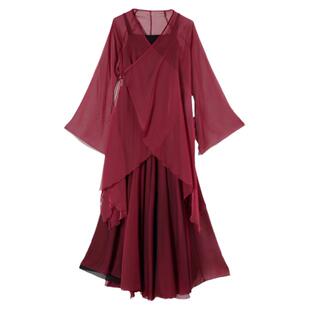 旦小怡酒红古典舞蹈服装身韵飘逸仙女纱衣表演出民族练功上大摆裙