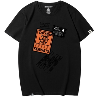 KERWATS潮牌大码英文字母印花加肥加大t恤莱卡棉嘻哈夏季黑色短袖
