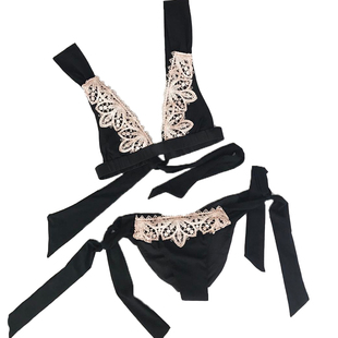 Findit欧美外贸黑色分体蕾丝比基尼泳衣 性感绑带泳装 温泉Bikini
