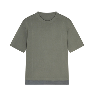 速写男装春秋季新款短袖针织衫圆领休闲潮假两件前卫时尚纯色上衣