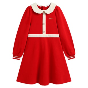 英氏女童大红色连衣裙2026年春秋款娃娃领甜美公主风长袖礼服裙