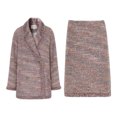 小香风粗花呢醋酸大衣半裙套装