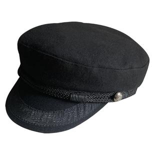 任达华同款贝雷帽船长帽女羊毛呢黑色平顶鸭舌帽子水手帽男大头围