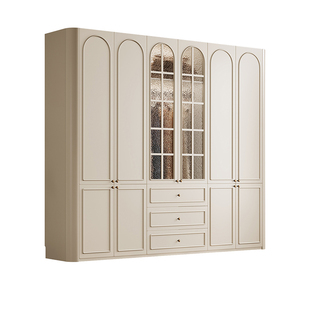 全实木橡木玻璃门法式复古储物柜卧室奶油白衣橱家用落地收纳柜子