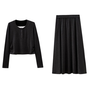 水云间深灰色毛针织衫半身裙套装海军领披肩上衣长裙两件套2026春