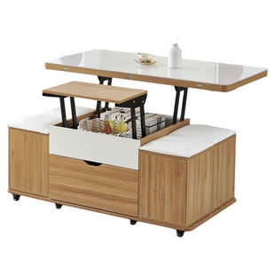 实木多功能茶几小户型加高款伸缩储物岩板升降茶几餐桌两用带凳子