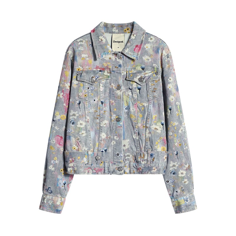 Desigual26秋冬新品水彩泼墨小花卉水洗牛仔短款翻领女式外套