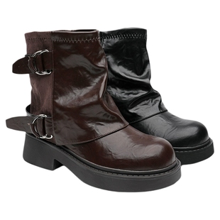 月芽儿厚底马丁靴女2025新款秋冬季靴子女短靴裤管骑士靴西部靴子