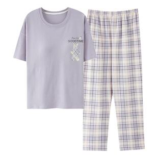 浪莎睡衣女士夏季纯棉圆领短袖长裤可爱卡通加大码休闲家居服套装