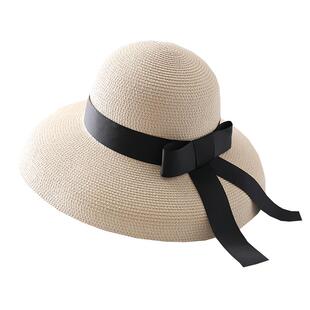 复古赫本蝴蝶结网红草帽防晒遮阳帽海边沙滩帽子女夏天大檐太阳帽